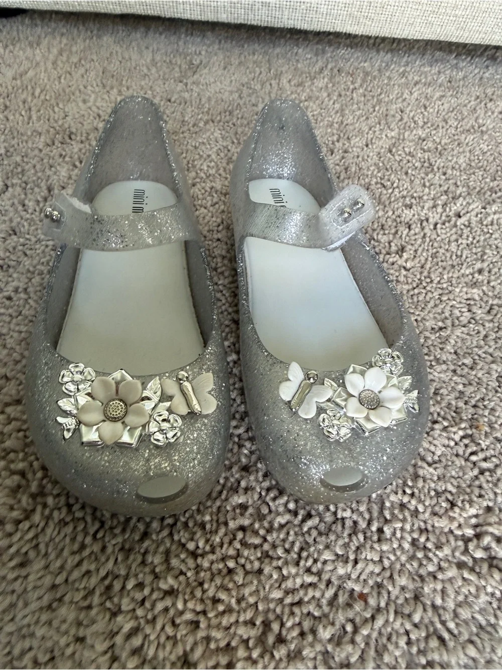 Mini Melissa Silver Glitter Mary Jane Shoes with Flower Accents